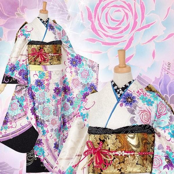 振袖 レンタル 成人式 結婚式 白 薔薇円舞(絹) 一点物 12月〜1月利用 対応身長154〜165cm RS1038の画像
