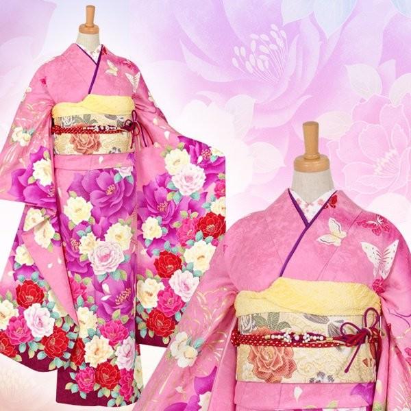 振袖 レンタル 成人式 結婚式 ピンク 牡丹に蝶(絹)(宅) 一点物 12月〜1月利用 対応身長154〜165cm RS1040の画像