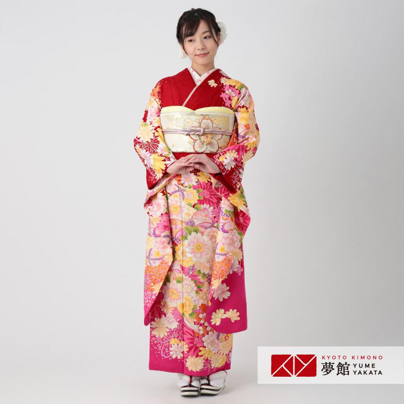 振袖 レンタル 成人式 結婚式 赤 桜にマーガレット(絹) 一点物 12月〜1月利用 対応身長154〜165cm RS1046