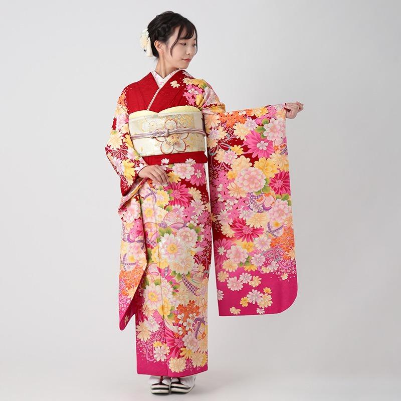 振袖 レンタル 成人式 結婚式 赤 桜にマーガレット(絹) 一点物 12月〜1月利用 対応身長154〜165cm RS1046の画像