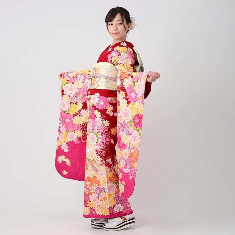 振袖 レンタル 成人式 結婚式 赤 桜にマーガレット(絹) 一点物 12月〜1月利用 対応身長154〜165cm RS1046の画像