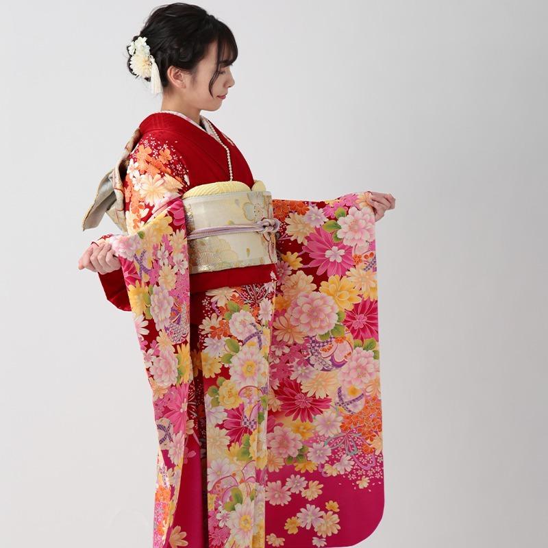 振袖 レンタル 成人式 結婚式 赤 桜にマーガレット(絹) 一点物 12月〜1月利用 対応身長154〜165cm RS1046の画像