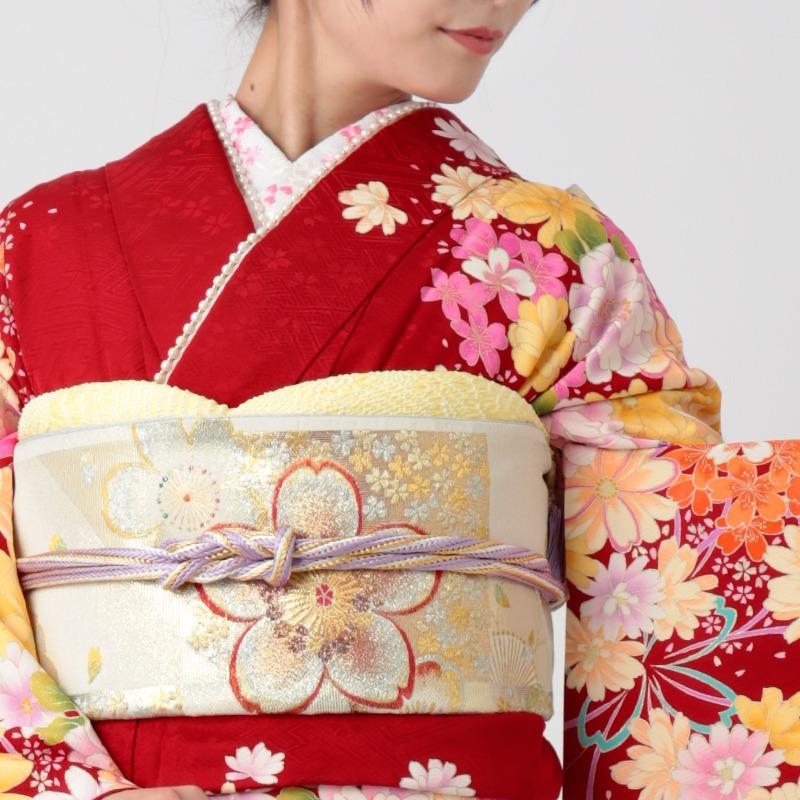 振袖 レンタル 成人式 結婚式 赤 桜にマーガレット(絹) 一点物 12月〜1月利用 対応身長154〜165cm RS1046の画像
