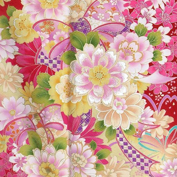 振袖 レンタル 成人式 結婚式 赤 桜にマーガレット(絹) 一点物 12月〜1月利用 対応身長154〜165cm RS1046の画像
