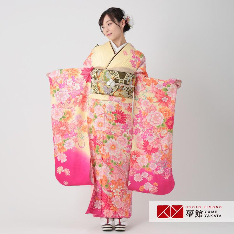 振袖 レンタル 成人式 結婚式 クリーム 桜にマーガレット(絹)(宅) 一点物 12月〜1月利用 対応身長154〜165cm RS1048