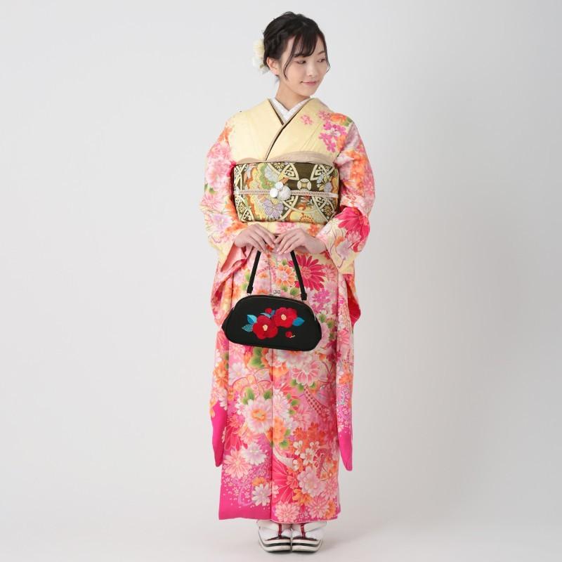 振袖 レンタル 成人式 結婚式 クリーム 桜にマーガレット(絹)(宅) 一点物 12月〜1月利用 対応身長154〜165cm RS1048の画像
