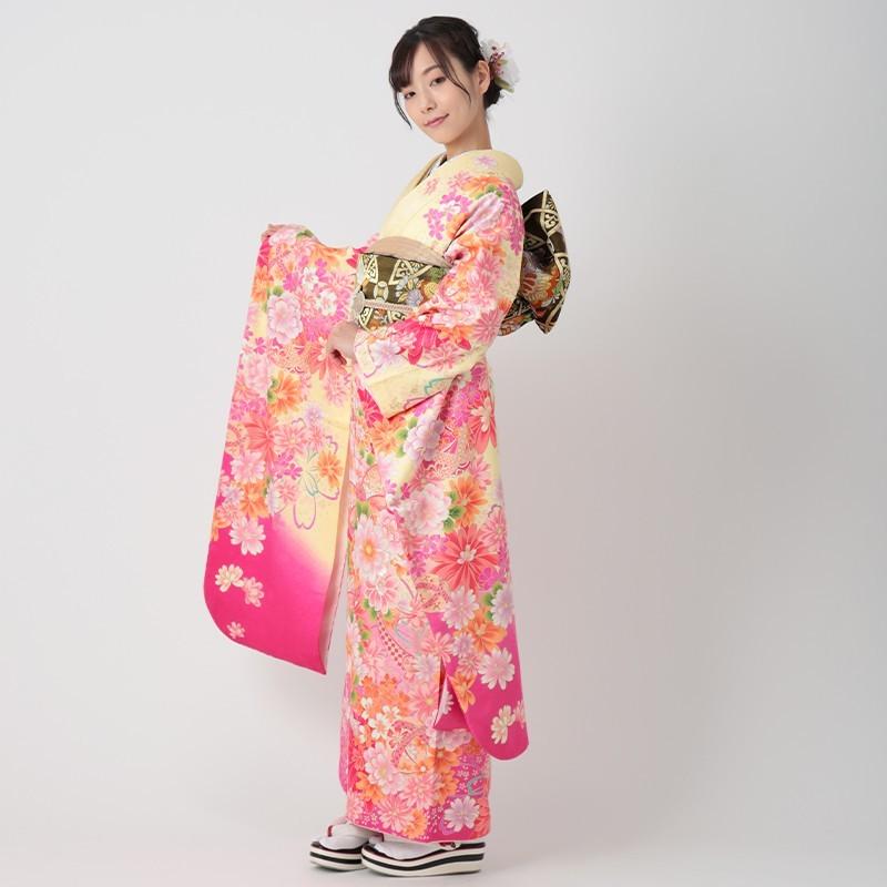 振袖 レンタル 成人式 結婚式 クリーム 桜にマーガレット(絹)(宅) 一点物 12月〜1月利用 対応身長154〜165cm RS1048の画像