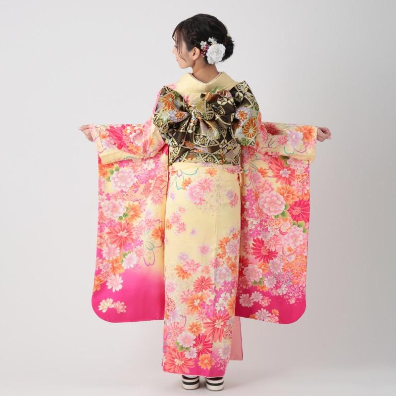 振袖 レンタル 成人式 結婚式 クリーム 桜にマーガレット(絹)(宅) 一点物 12月〜1月利用 対応身長154〜165cm RS1048の画像