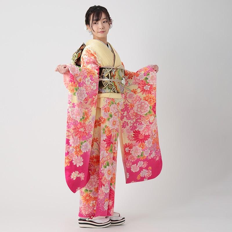 振袖 レンタル 成人式 結婚式 クリーム 桜にマーガレット(絹)(宅) 一点物 12月〜1月利用 対応身長154〜165cm RS1048の画像