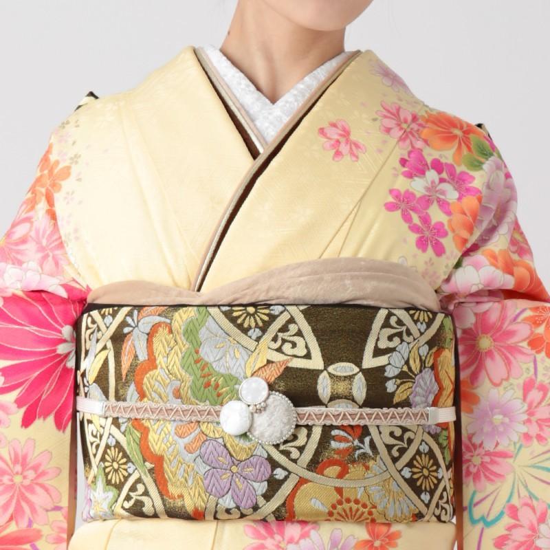 振袖 レンタル 成人式 結婚式 クリーム 桜にマーガレット(絹)(宅) 一点物 12月〜1月利用 対応身長154〜165cm RS1048の画像