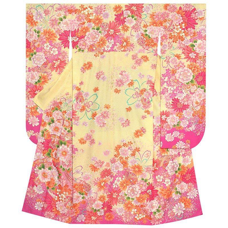 振袖 レンタル 成人式 結婚式 クリーム 桜にマーガレット(絹)(宅) 一点物 12月〜1月利用 対応身長154〜165cm RS1048の画像