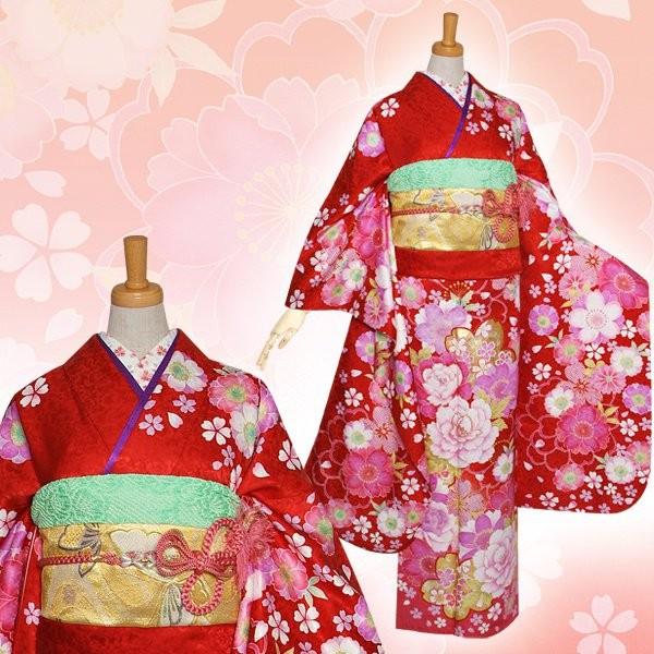 振袖 レンタル 成人式 結婚式 赤 牡丹に八重桜(絹) 一点物 12月〜1月利用 対応身長154〜165cm RS1049の画像