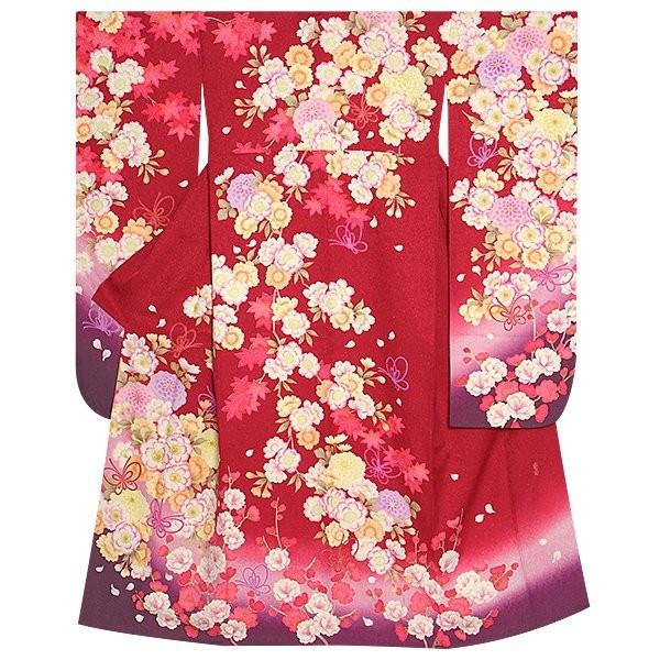 振袖 レンタル 成人式 結婚式 赤 桜菊に蝶結び(絹)(宅) 一点物 12月〜1月利用 対応身長155〜159cm RS1051の画像