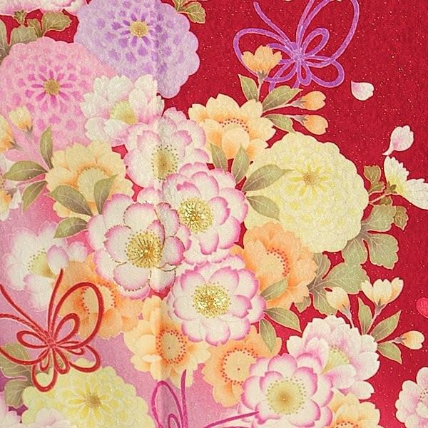 振袖 レンタル 成人式 結婚式 赤 桜菊に蝶結び(絹)(宅) 一点物 12月〜1月利用 対応身長155〜159cm RS1051の画像
