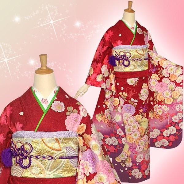 振袖 レンタル 成人式 結婚式 赤 桜菊に蝶結び(絹)(宅) 一点物 12月〜1月利用 対応身長155〜159cm RS1051の画像