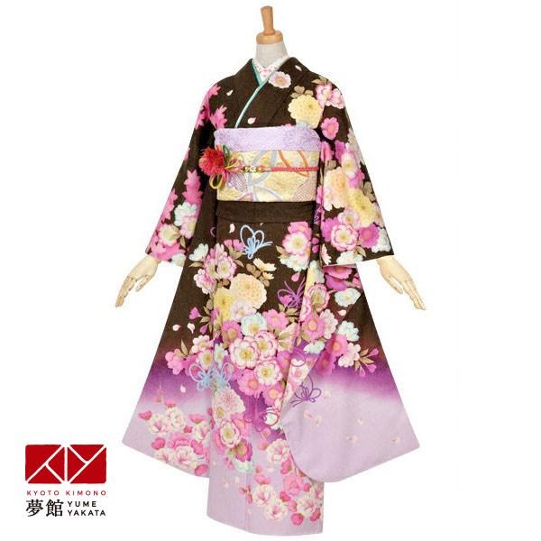振袖 レンタル 成人式 結婚式 茶 桜菊に蝶結び(絹)(宅) 一点物 12月〜1月利用 対応身長155〜159cm RS1052