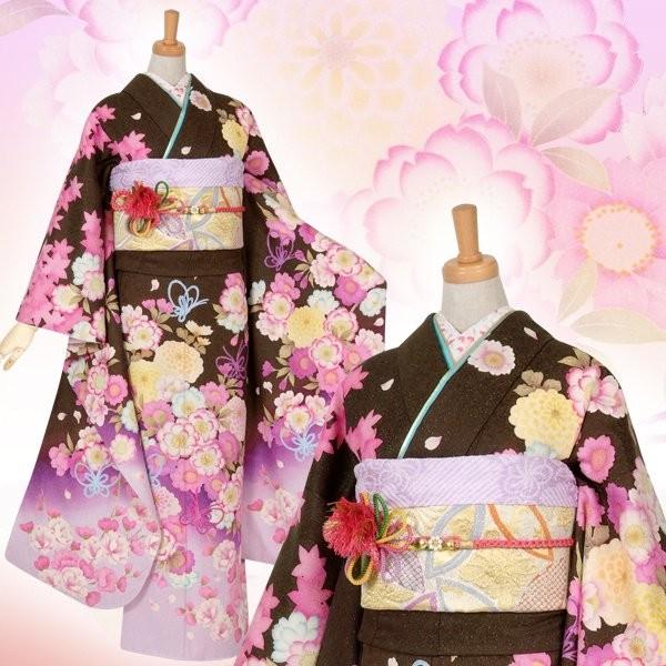 振袖 レンタル 成人式 結婚式 茶 桜菊に蝶結び(絹)(宅) 一点物 12月〜1月利用 対応身長155〜159cm RS1052の画像