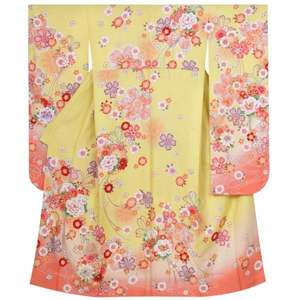 振袖 レンタル 成人式 結婚式 黄 花くす玉に八重桜(絹)(宅) 一点物 12月〜1月利用 対応身長154〜165cm RS1054の画像