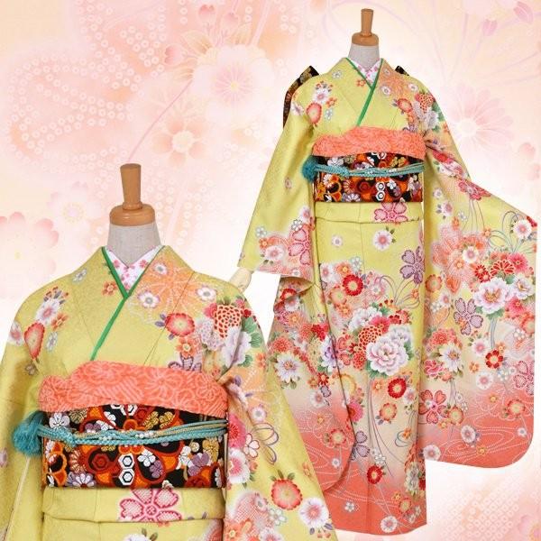振袖 レンタル 成人式 結婚式 黄 花くす玉に八重桜(絹)(宅) 一点物 12月〜1月利用 対応身長154〜165cm RS1054の画像