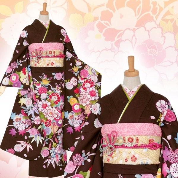 振袖 レンタル 成人式 結婚式 茶 四季の花に花籠(絹)(宅) 一点物 12月〜1月利用 対応身長154〜165cm RS1055の画像