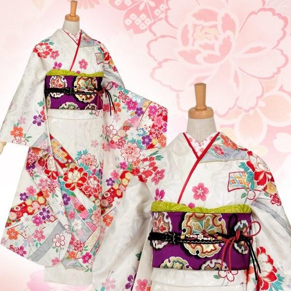 振袖 レンタル 成人式 結婚式 白 枝垂桜に熨斗(絹)(宅) 一点物 12月〜1月利用 対応身長154〜165cm RS1056の画像
