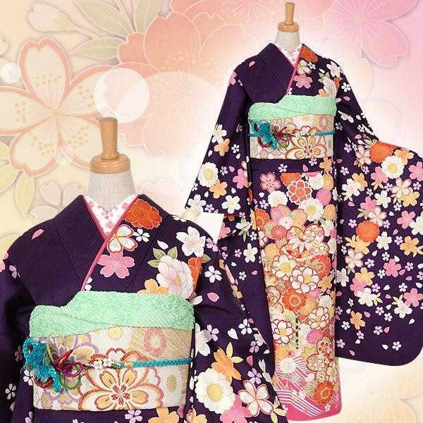 振袖 レンタル 成人式 結婚式 紫 波に桜花(絹) 一点物 12月〜1月利用 対応身長155〜159cm RS1060の画像