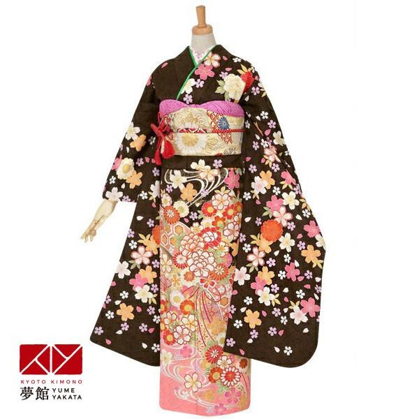 振袖 レンタル 成人式 結婚式 茶 花くす玉に流水桜(絹) 一点物 12月〜1月利用 対応身長154〜165cm RS1062