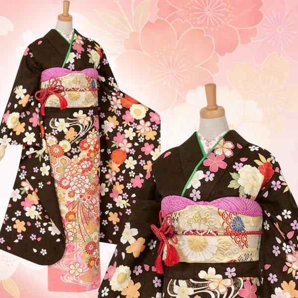 振袖 レンタル 成人式 結婚式 茶 花くす玉に流水桜(絹) 一点物 12月〜1月利用 対応身長154〜165cm RS1062の画像