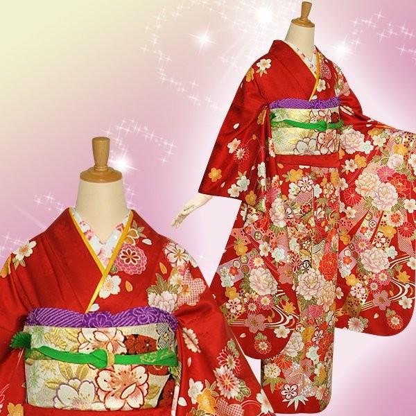 振袖 レンタル 成人式 結婚式 赤 御所車に熨斗牡丹(絹) 一点物 12月〜1月利用 対応身長154〜165cm RS1063の画像