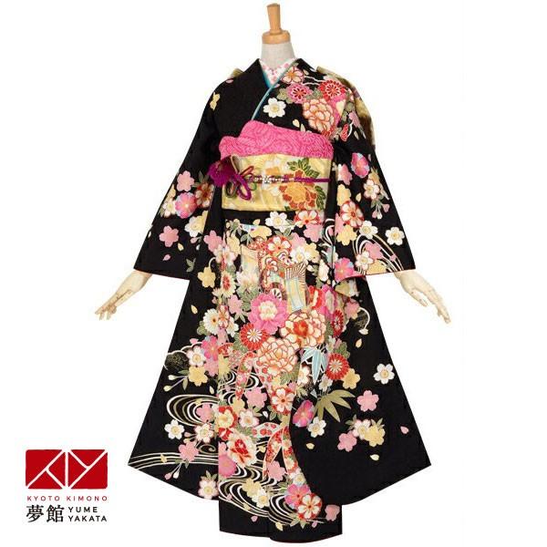 振袖 レンタル 成人式 結婚式 黒 御所車に牡丹流水(絹) 一点物 12月〜1月利用 対応身長154〜165cm RS1064