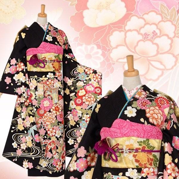 振袖 レンタル 成人式 結婚式 黒 御所車に牡丹流水(絹) 一点物 12月〜1月利用 対応身長154〜165cm RS1064の画像