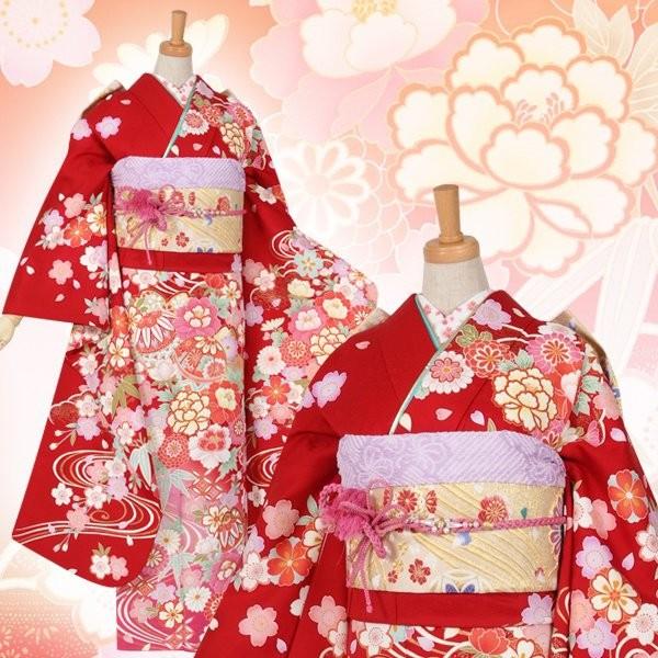 振袖 レンタル 成人式 結婚式 赤 毬に桜流水(絹)(宅)12月〜1月利用 対応身長154〜165cm RS1065の画像