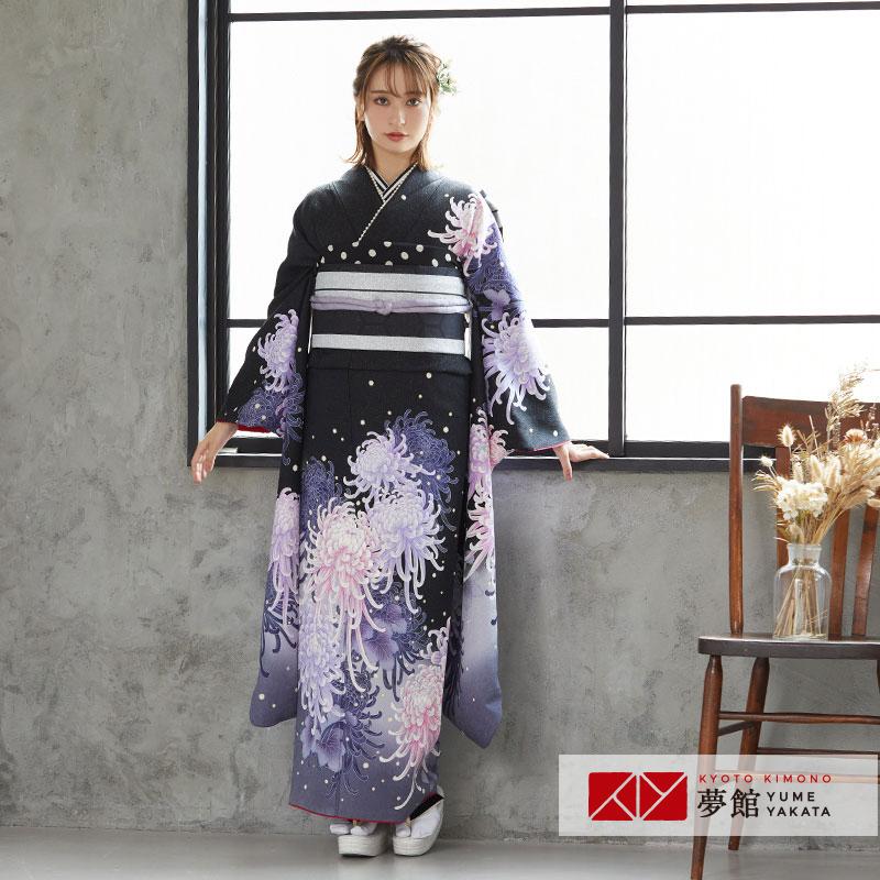 振袖 レンタル 成人式 結婚式 黒 菊花(絹) 一点物 12月〜1月利用 対応身長154〜165cm RS1069