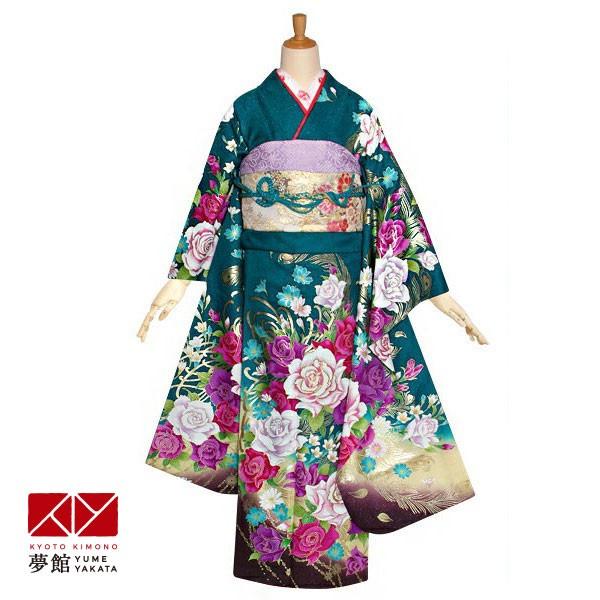 振袖 レンタル 成人式 結婚式 緑 薔薇と孔雀の羽(絹)(宅) 一点物 12月〜1月利用 対応身長154〜165cm RS1085