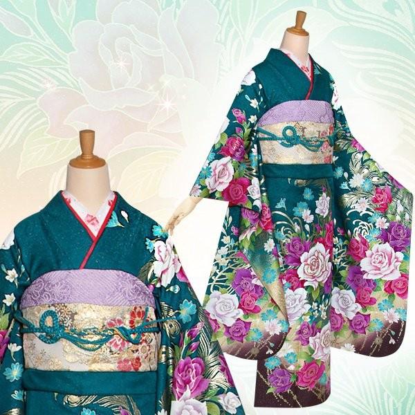 振袖 レンタル 成人式 結婚式 緑 薔薇と孔雀の羽(絹)(宅) 一点物 12月〜1月利用 対応身長154〜165cm RS1085の画像