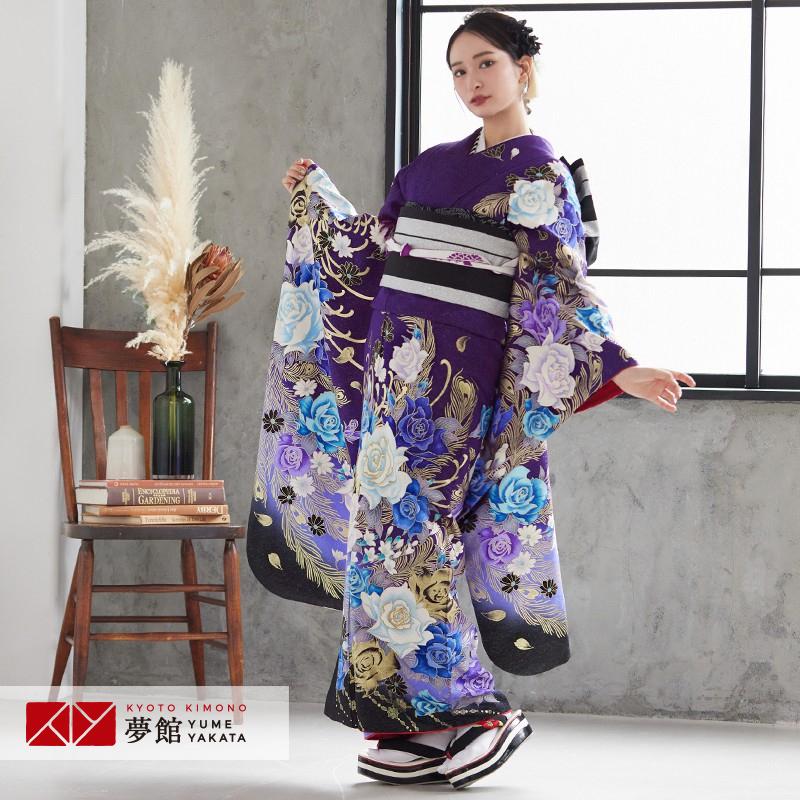 振袖 レンタル 成人式 結婚式 紫 薔薇と孔雀の羽(絹)12月〜1月利用