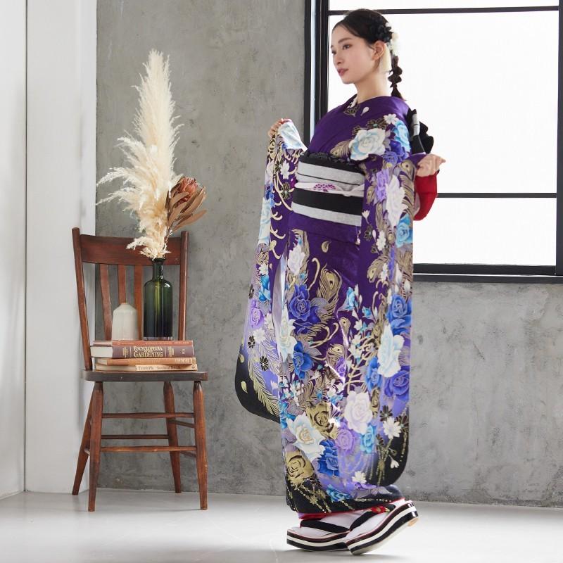 振袖 レンタル 成人式 結婚式 紫 薔薇と孔雀の羽(絹)12月〜1月利用