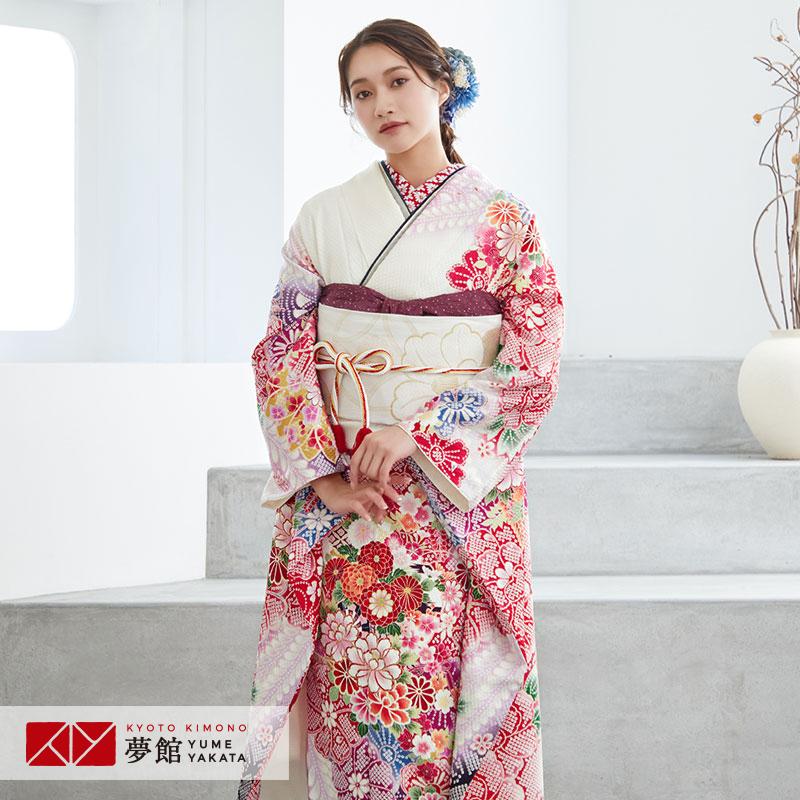 12月・1月利用 振袖 レンタル 成人式 結婚式 白 疋田牡丹に花車(絹)12