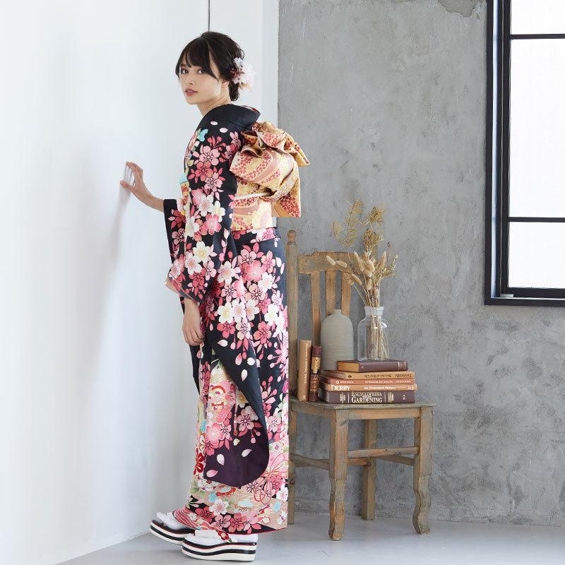 振袖 レンタル 成人式 結婚式 黒 吉祥花車(絹) 乙葉12月〜1月利用 対応 