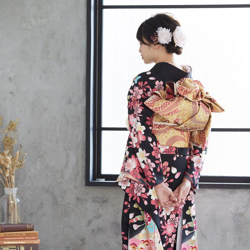 振袖 レンタル 成人式 結婚式 黒 吉祥花車(絹) 乙葉12月〜1月利用 対応