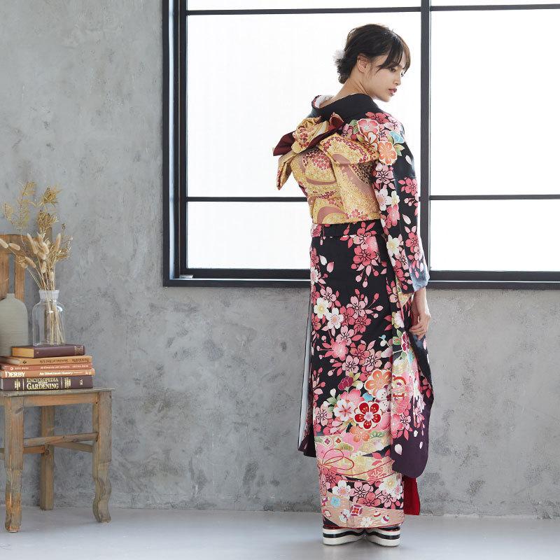 振袖 レンタル 成人式 結婚式 黒 吉祥花車(絹) 乙葉12月〜1月利用 対応