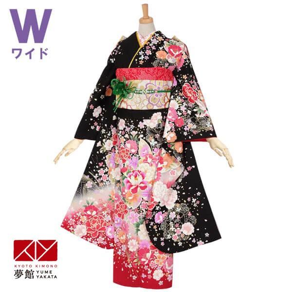 振袖 レンタル 成人式 結婚式 黒 牡丹と桜（赤ぼかし）(絹)(w)12月〜1月利用 対応身長150〜160cm RS1103