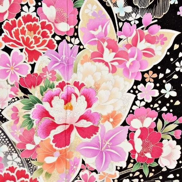 振袖 レンタル 成人式 結婚式 黒 牡丹と桜（赤ぼかし）(絹)(w)12月〜1月利用 対応身長150〜160cm RS1103の画像