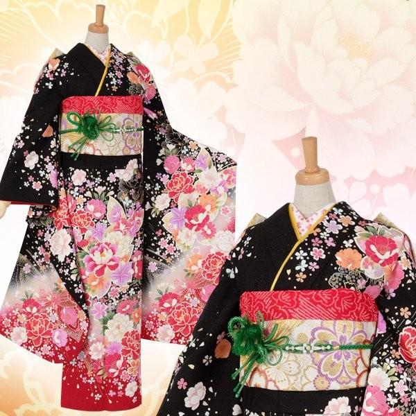 振袖 レンタル 成人式 結婚式 黒 牡丹と桜（赤ぼかし）(絹)(w)12月〜1月利用 対応身長150〜160cm RS1103の画像