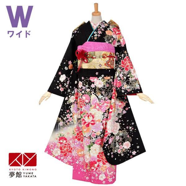 振袖 レンタル 成人式 結婚式 黒 牡丹と桜（ピンクぼかし）(絹)(w) 一点物 12月〜1月利用 対応身長150〜160cm RS1104