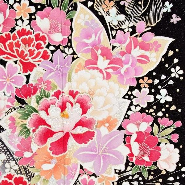 振袖 レンタル 成人式 結婚式 黒 牡丹と桜（ピンクぼかし）(絹)(w) 一点物 12月〜1月利用 対応身長150〜160cm RS1104の画像