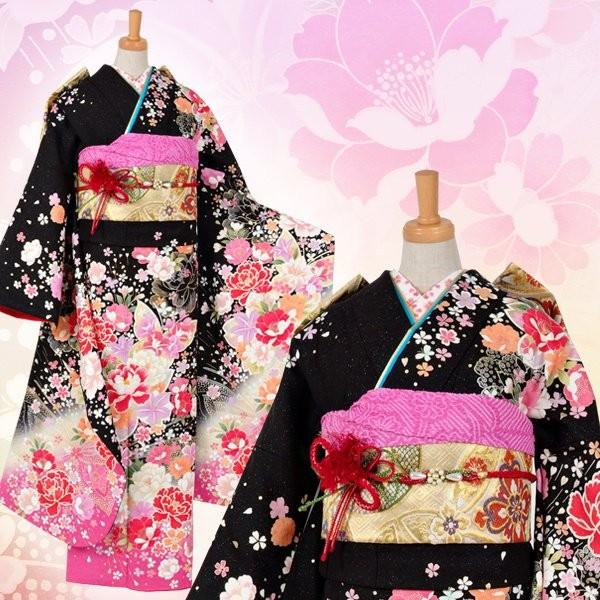 振袖 レンタル 成人式 結婚式 黒 牡丹と桜（ピンクぼかし）(絹)(w) 一点物 12月〜1月利用 対応身長150〜160cm RS1104の画像
