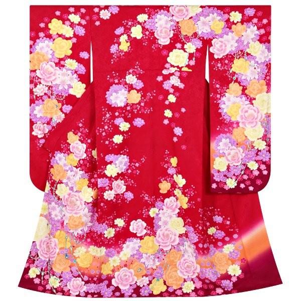 振袖 レンタル 成人式 結婚式 赤 薔薇のブーケ(絹)(w) 一点物 12月〜1月利用 対応身長150〜160cm RS1108の画像