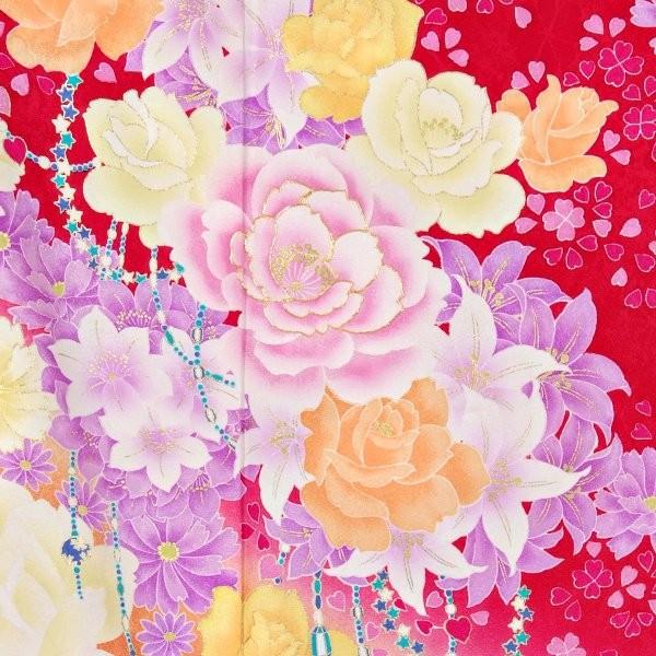 振袖 レンタル 成人式 結婚式 赤 薔薇のブーケ(絹)(w) 一点物 12月〜1月利用 対応身長150〜160cm RS1108の画像
