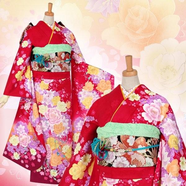 振袖 レンタル 成人式 結婚式 赤 薔薇のブーケ(絹)(w) 一点物 12月〜1月利用 対応身長150〜160cm RS1108の画像